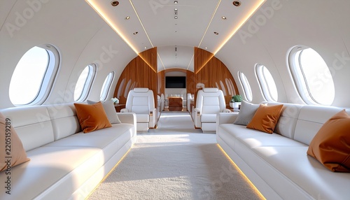 Luxurious Private Jet Interior with Plush Seating and Modern Design.
