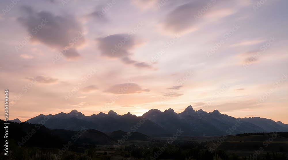 Obraz premium Stunning sunset view over the majestic Teton mountain range peaks under a soft pastel colored cloudy sky