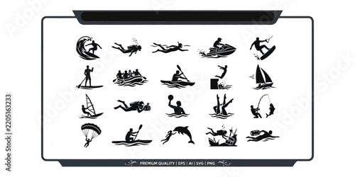 Water Sports and Activities Silhouette Icon Set Vector Design