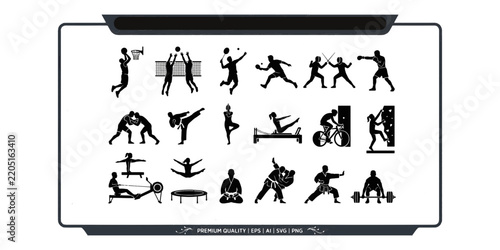 Sports and Athletic Activities Silhouette Icon Set Vector Design   