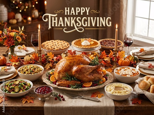 Happy Thanksgiving banner over a festive dinner table full of turkey and autumn food