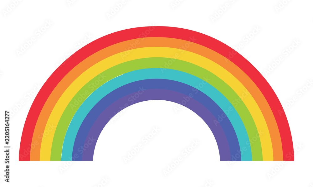 Fototapeta premium Vibrant rainbow arc with multiple colored stripes in red, orange, yellow, green, blue, indigo, and violet against white background.
