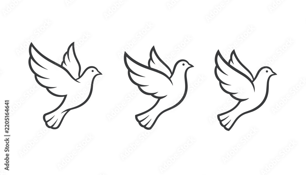 Fototapeta premium Outline illustrations of three flying peace doves carrying wings high up in a diagonal row on white background.