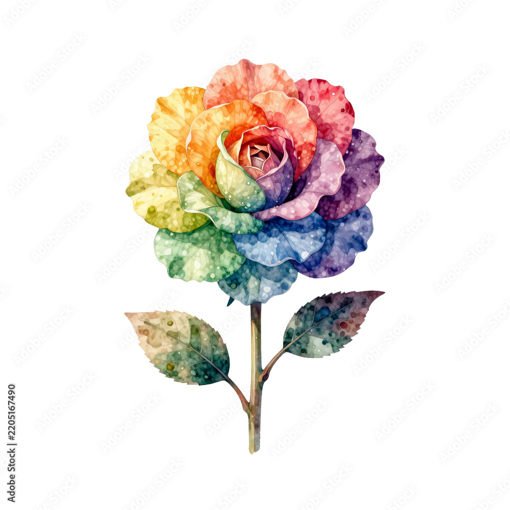 Obraz premium Watercolor rose with petals in rainbow colors and water droplets