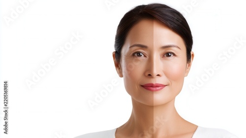 Woman's face demonstrating anti aging skin care effect showing youthful and older skin comparison