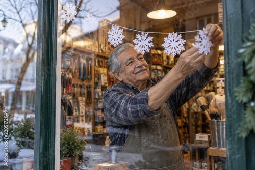 Senior hardware store owner hanging paper snowflake garland on shop window while decorating small business for winter holidays