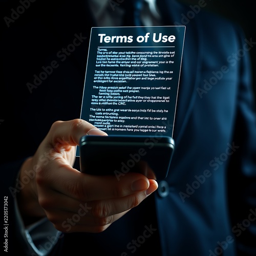 A businessman holding a smartphone with a glowing transparent screen displaying a terms of use document in a dark corporate office environment