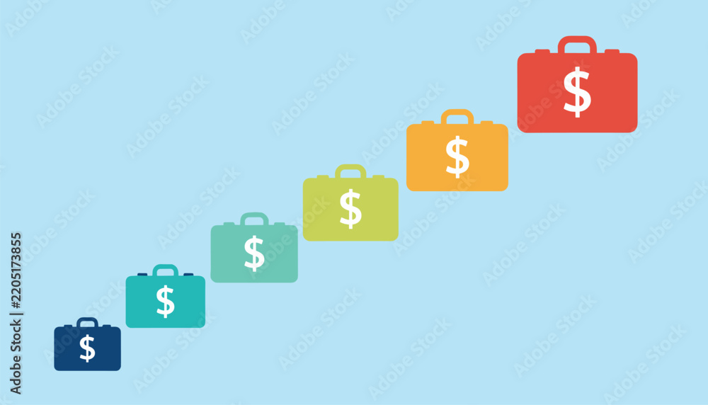 Obraz premium Six colorful briefcases with dollar signs are arranged in an upward diagonal line to represent business growth and rising profits.