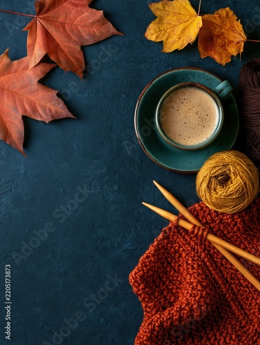 Cozy fall background with knitting supplies and cup of coffee