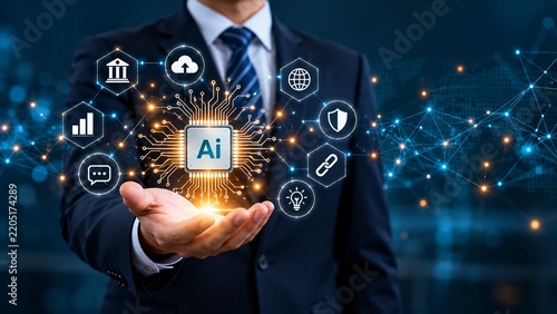 Businessman holding glowing artificial intelligence chip with digital icons