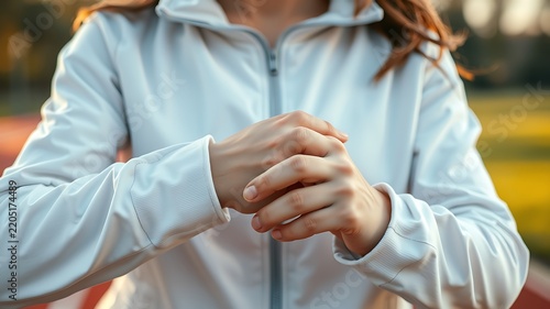A person wearing a white athletic jacket with their hands clasped together while standing on an outdoor running track during the daytime