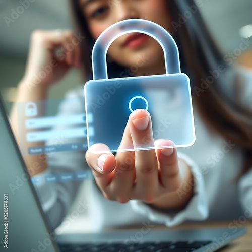 A woman interacting with a holographic padlock floating above her laptop, representing cybersecurity, data protection, and digital privacy