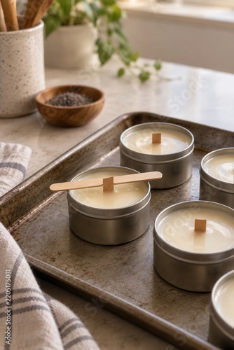 Freshly poured soy candles in metal tins with wooden wicks cooling on baking tray at home workshop, handmade craft