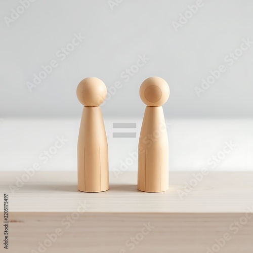 Two plain wooden peg dolls stand side by side on a wooden surface with a light gray equals sign floating in the space between the two figures