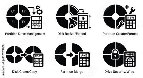 Hard disk drive and caliper icon set flat vector illustration on white background