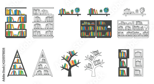 Collection of colorful bookshelf vector illustrations with books plants and decorative items