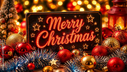 Merry Christmas Greeting Card with Elegant Holiday Background and Decorations