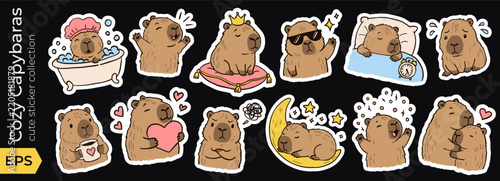 Cartoon child cozy and cute capybara forest with sticker capibara kawaii. Coquette collection animal and pattern adorable clipart with drink cake happy. Background cartoon summer and zoo cute