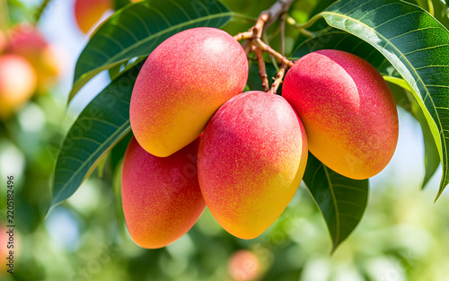 Close-up photograph of ripe mangoes hanging on a tropical tree branch, vibrant red-yellow skin, large green leaves, bright tropical sunlight, shallow depth of field, commercial advertising style