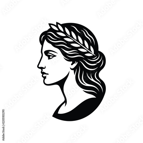 Classical silhouette portrait of a woman wearing a laurel wreath with portrait