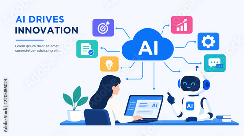 AI innovation technology business vector illustration showing a woman using a laptop while an AI robot points to digital icons, charts, documents, and ideas. automation, data, growth, flat design
