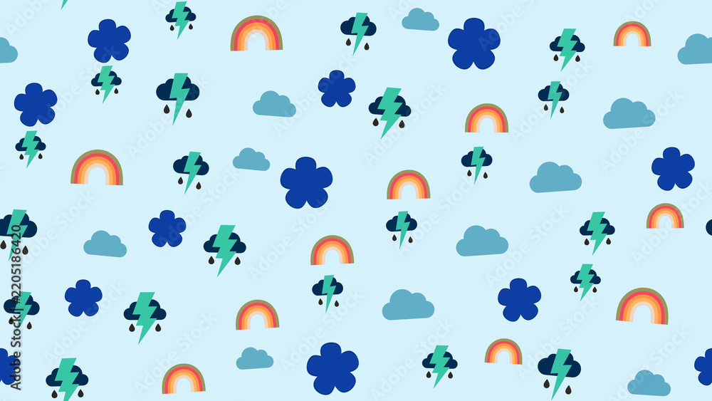 Obraz premium Seamless pattern with clouds, rainbows, and lightning