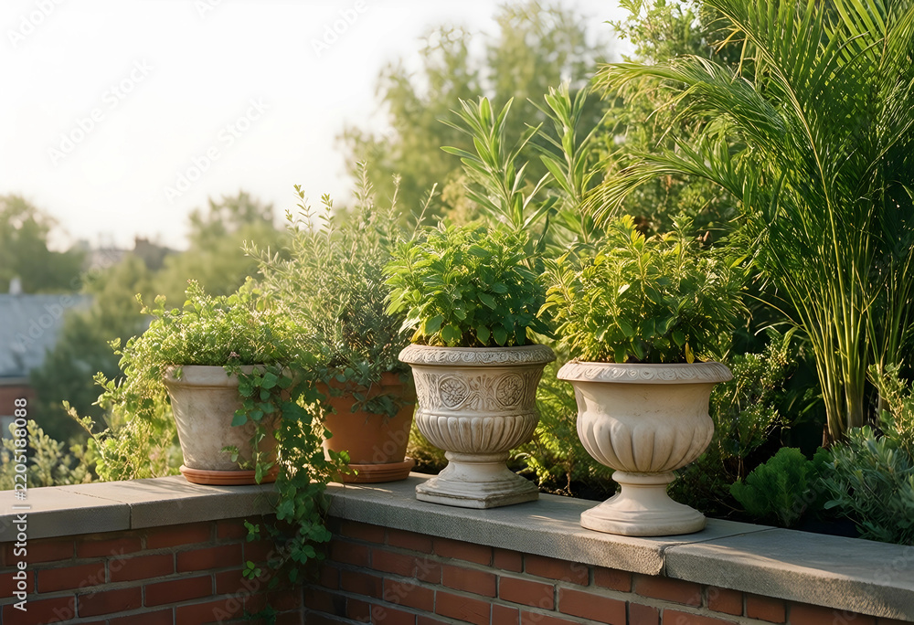 Fototapeta premium Urban gardening and sustainable living, potted herbs and plants on a brick terrace balcony with soft morning sunlight for home exterior decoration