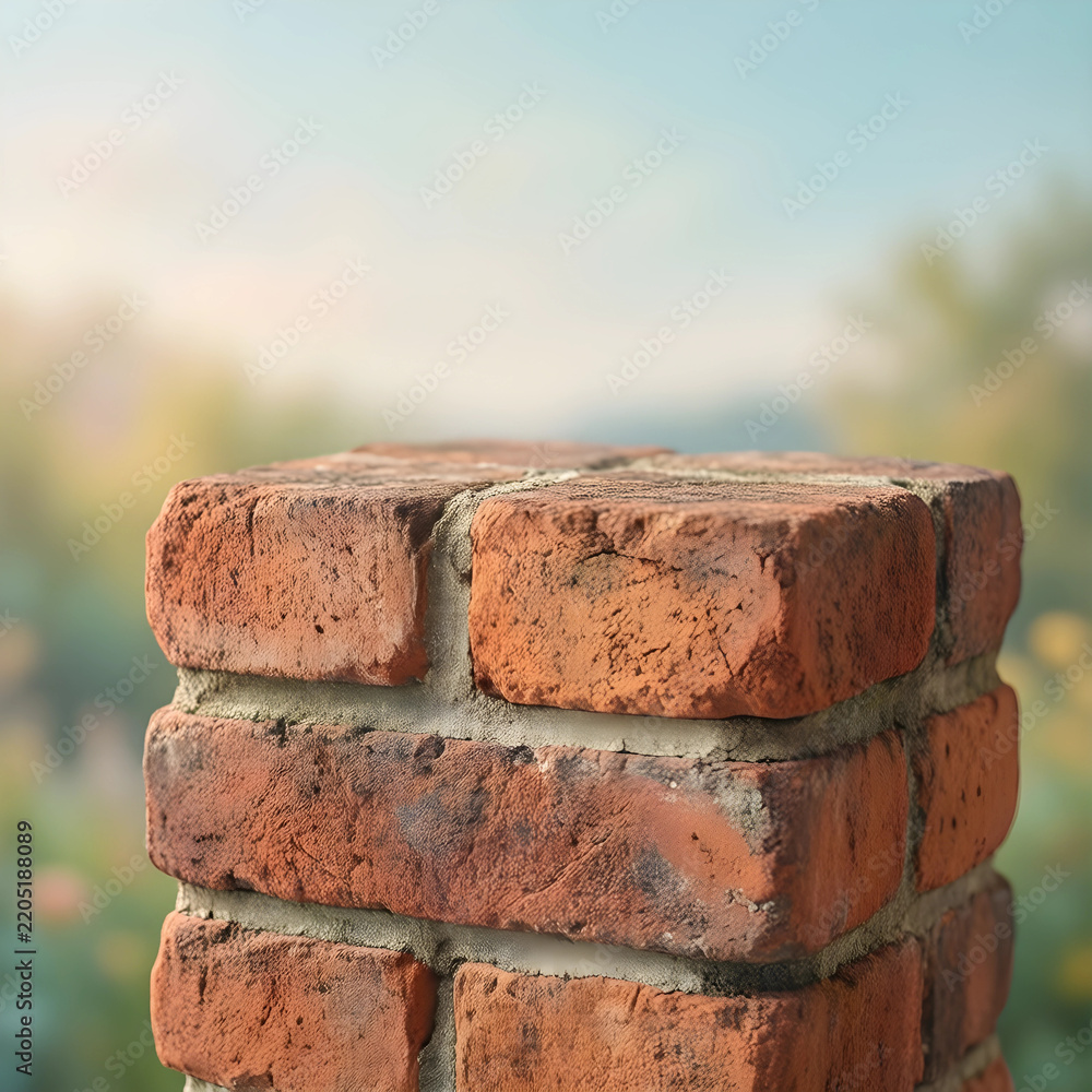 Obraz premium Construction and architecture concept, red brick pillar with weathered texture for building foundation and masonry design in a garden outdoor setting
