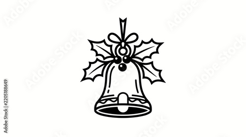 Christmas bell with holly leaves, minimalist black and white vector