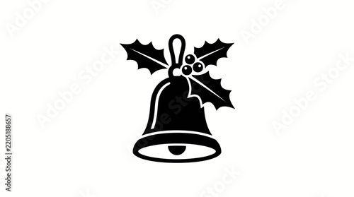 Christmas bell with holly leaves, minimalist black and white vector