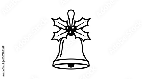 Christmas bell with holly leaves, minimalist black and white vector