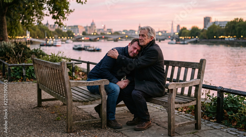 Father comforts son on London embankment at sunset showing empathy and support