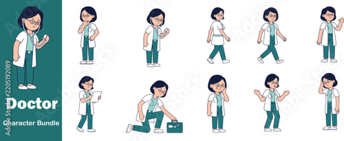 Female doctor character set with various poses and medical actions in flat vector illustration style