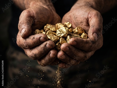 Dirty miner hands holding raw gold nuggets showing wealth and mining concept with precious metal gold panning manual labor wealth accumulation hard work treasure hun