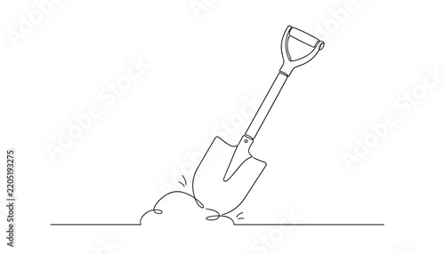 Minimalist continuous line drawing of a shovel digging into the ground, symbolizing construction, landscaping, and hard work.