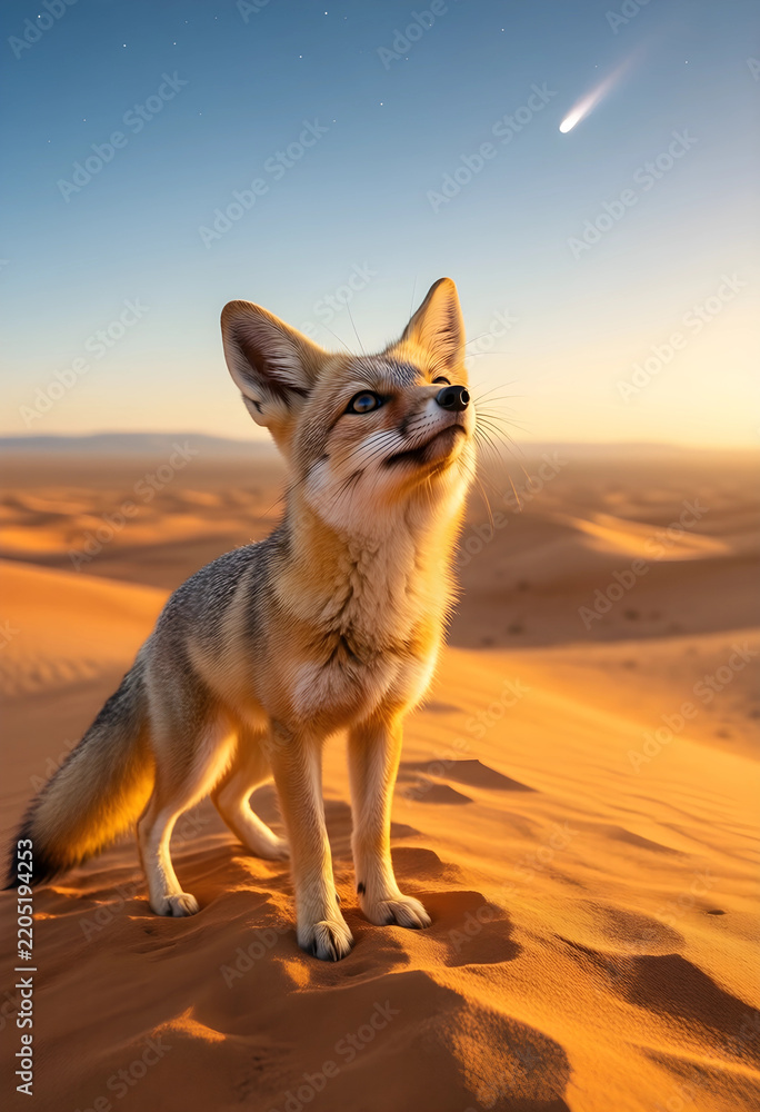 Obraz premium Wonder and discovery concept, fennec fox looking at a shooting star in the desert at sunset with golden hour light and vast sand dunes in the background
