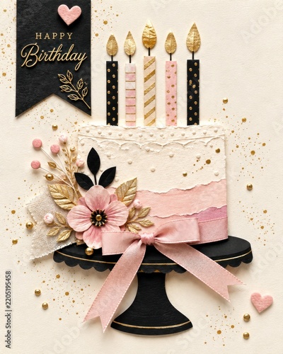 Elegant Pink Black Gold Birthday Cake Celebration Greeting Card