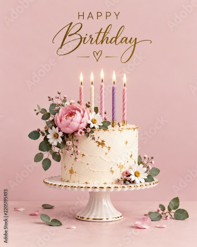 Elegant Floral Birthday Cake With Candles On Pink Background