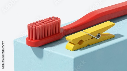 playful oversized everyday objects A red toothbrush and a yellow clothespin resting on a blue block.