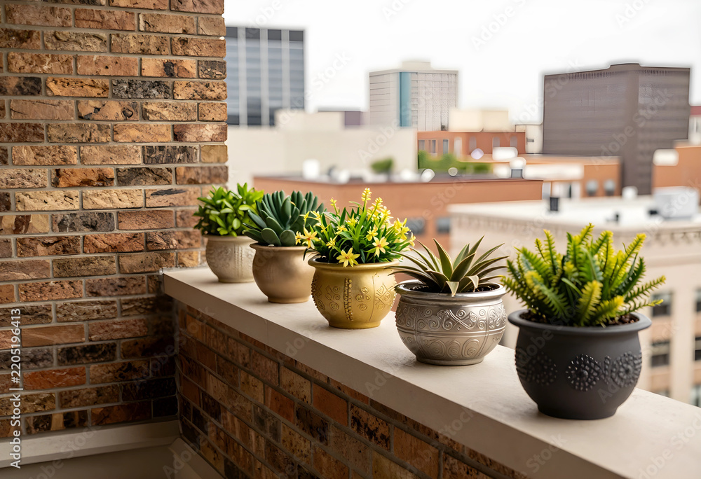 Fototapeta premium Urban gardening and balcony decor, small potted succulents and plants on a brick ledge overlooking a city skyline for home lifestyle and interior design