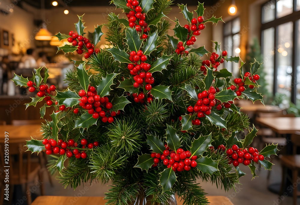 Naklejka premium Christmas holiday decoration, festive holly and pine branch centerpiece for winter seasonal celebration and home interior decor in a cozy cafe setting