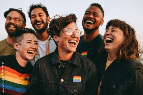 Close group of diverse LGBTQ+ friends laughing outdoors with pride accessories