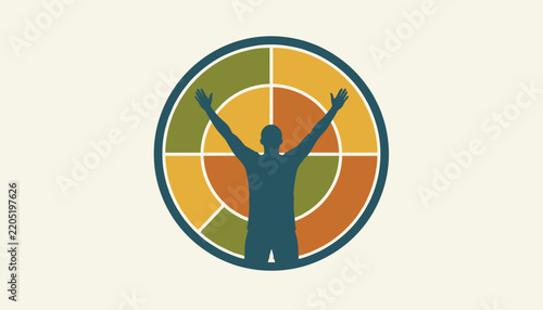 Inspirational vector illustration of a silhouetted person standing with arms raised inside a colorful circular pie chart background.