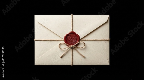 Cream envelope photo with red wax seal and twine string on black background