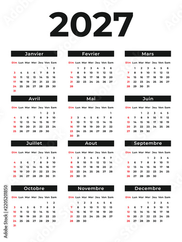  French 2027 Annual Calendar Template with Sunday Start
