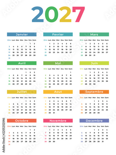  French 2027 Annual Calendar Template with Sunday Start