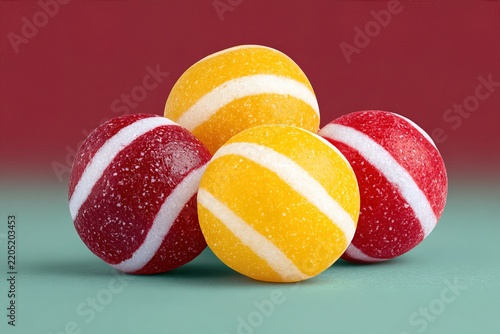 Colorful round candies arranged on a green surface