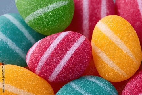 Colorful sugar-coated candy eggs on a flat surface