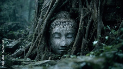 Ancient Buddha statue entwined with tree roots