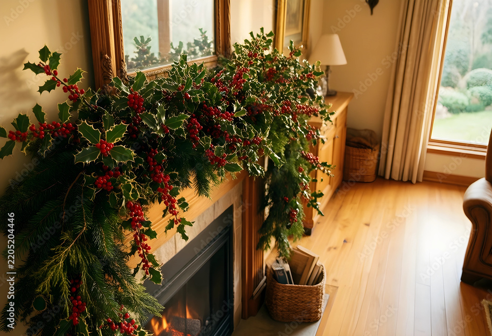 Obraz premium Christmas home decor and holiday interior, festive holly and pine garland on a fireplace mantel in a cozy living room with warm natural sunlight
